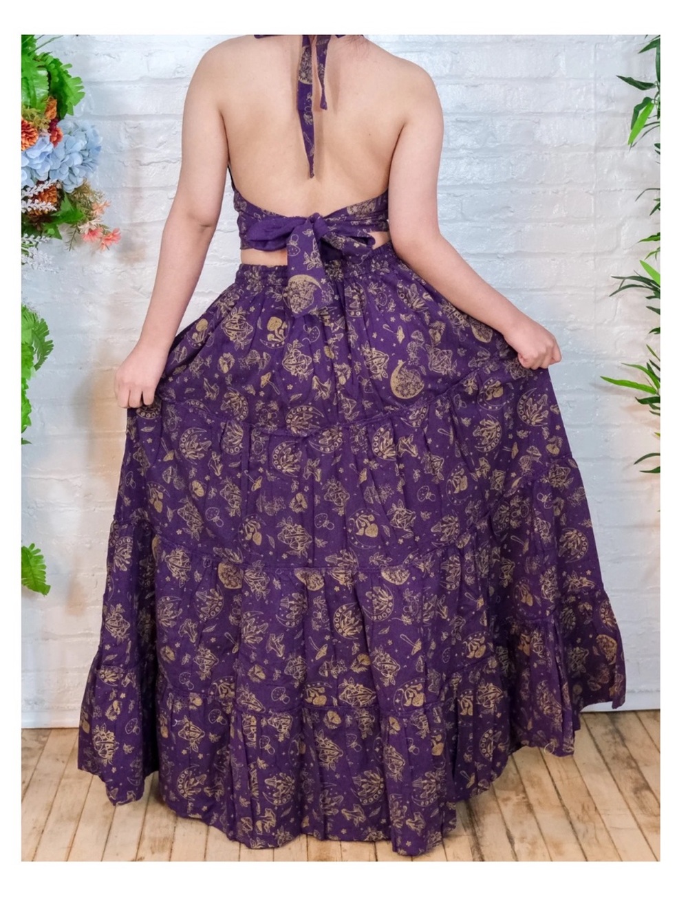 Tiered Skirt Mushroom Celestial Witchy in Purple Gold Pockets Large Flowy Cotton - Picture 2 of 10